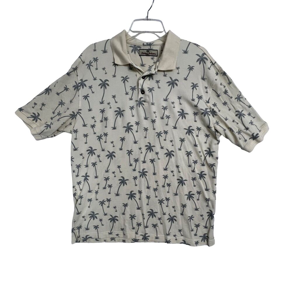 TOMMY BAHAMA Polo Shirt Mens L Beige Palm Tree 55% Silk 45% Cotton Tropical